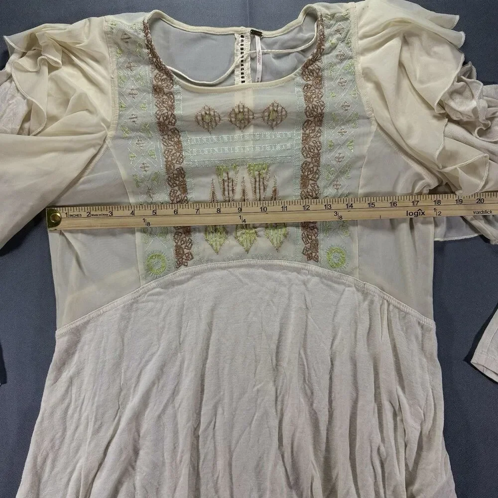 Free People Women Sz M Cream Embroidered Nylon Panel Ruffle Sleeve Top